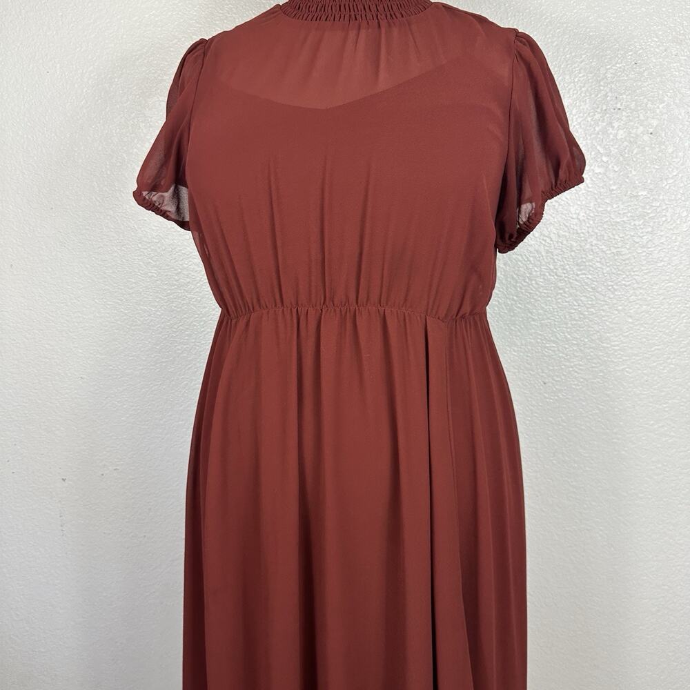 Torrid Dress Women 1X Brown Chiffon Midi Smocked Neck Lined Romantic - Picture 7 of 11